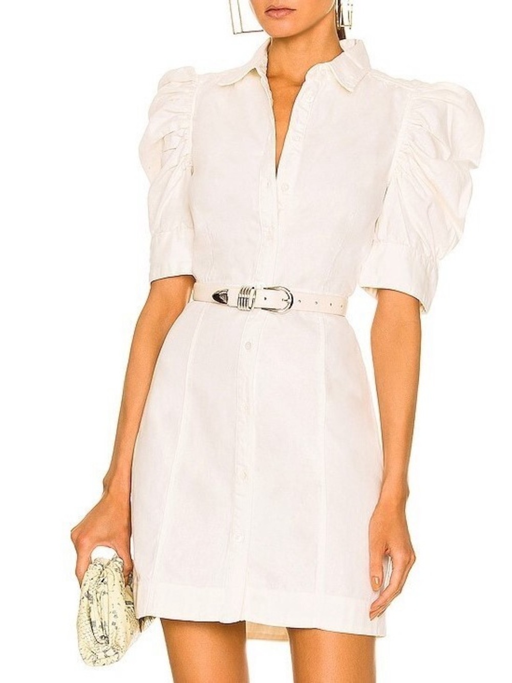 Frame Gillian Mini Dress Elegant Cream Puff-Sleeve Shirt Dress with Belt